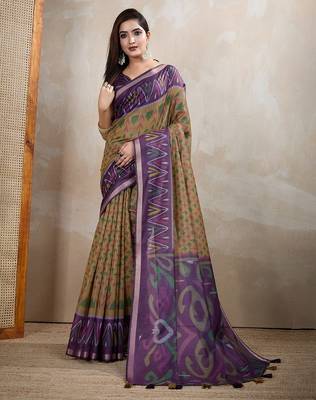 Mustard printed art silk designer pallu saree 1