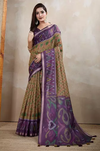 Mustard printed art silk designer pallu saree