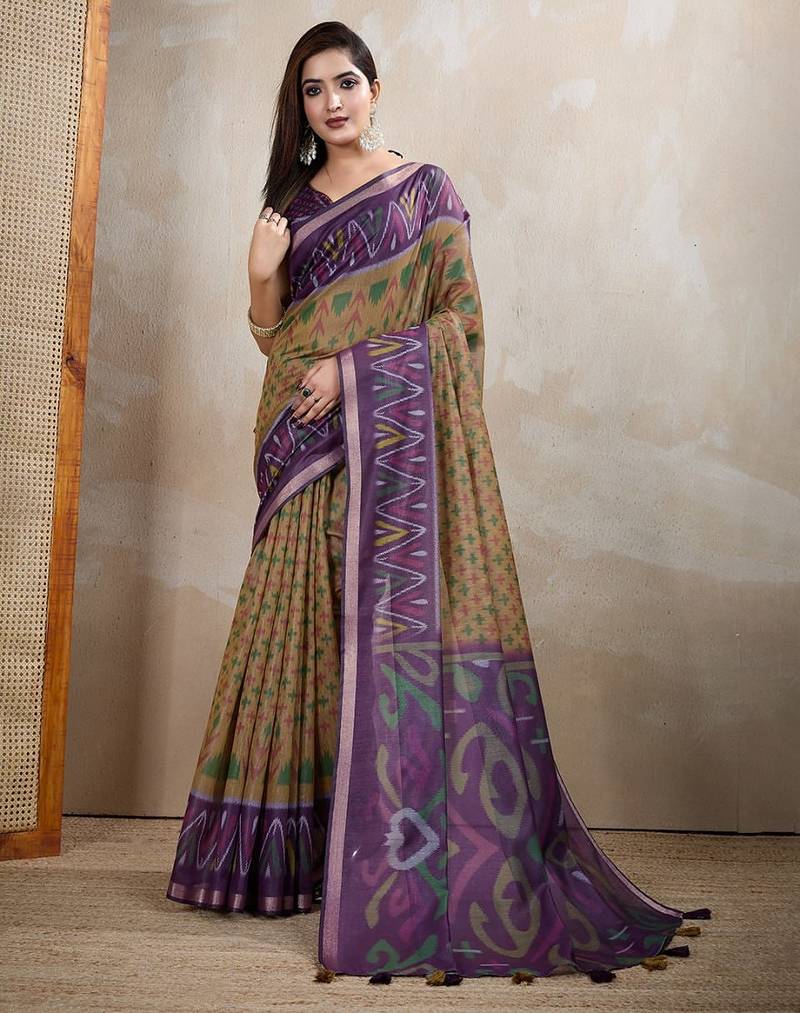 Mustard printed art silk designer pallu saree