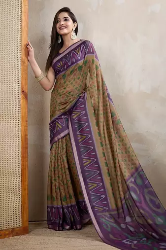 Mustard printed art silk designer pallu saree