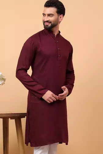 Maroon sequins work rayon men kurta
