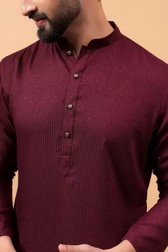 Maroon sequins work rayon men kurta
