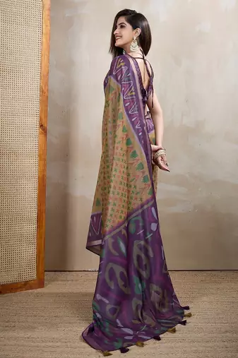 Mustard printed art silk designer pallu saree