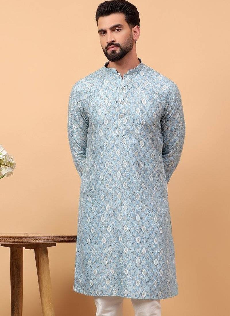 Blue sequins work aari men kurta