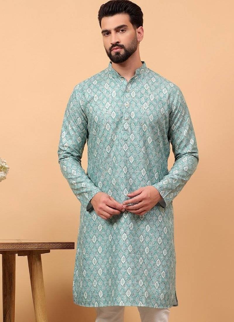 Green sequins work aari men kurta