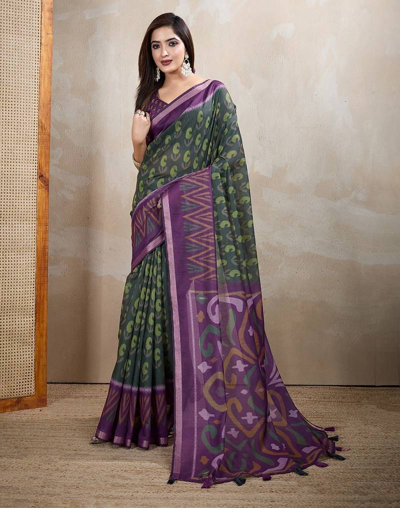 Grey printed art silk designer pallu saree