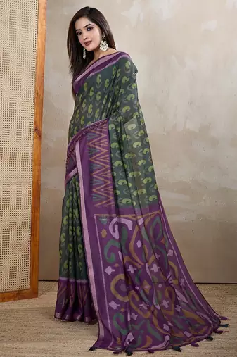 Grey printed art silk designer pallu saree