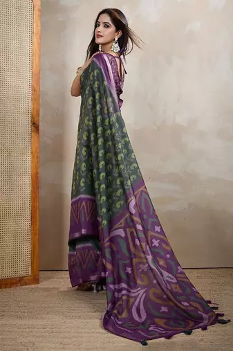 Grey printed art silk designer pallu saree