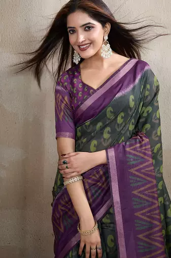 Grey printed art silk designer pallu saree