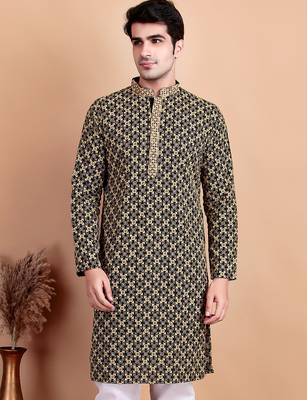 Black chikankari cotton embroidery men kurta 1
