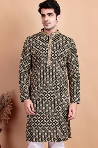 Black chikankari cotton embroidery men kurta