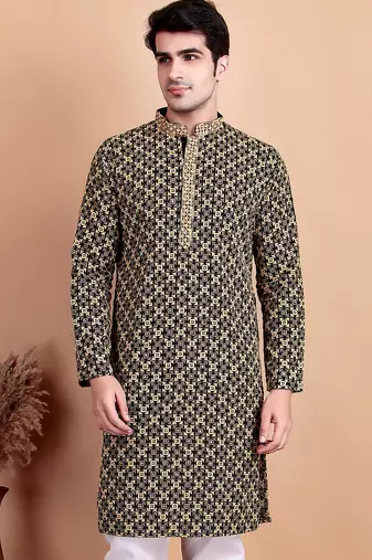 Black chikankari cotton embroidery men kurta