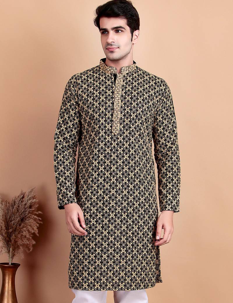 Black chikankari cotton embroidery men kurta