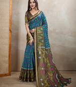 Teal printed art silk designer pallu saree