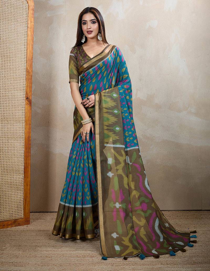 Teal printed art silk designer pallu saree