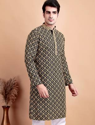 Black chikankari cotton embroidery men kurta 4