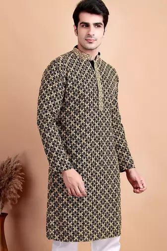 Black chikankari cotton embroidery men kurta