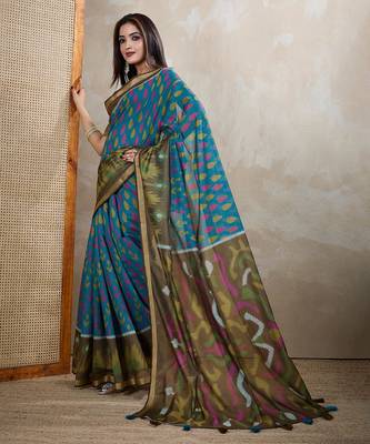 Teal printed art silk designer pallu saree 2