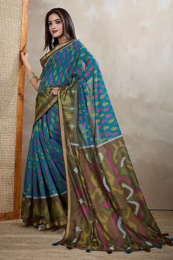 Teal printed art silk designer pallu saree