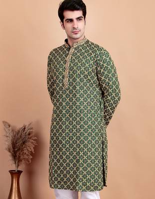Green chikankari cotton embroidery men kurta 1
