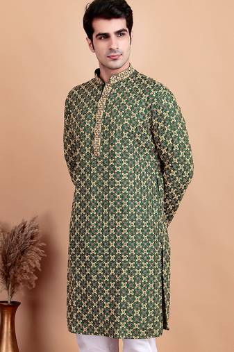 Green chikankari cotton embroidery men kurta
