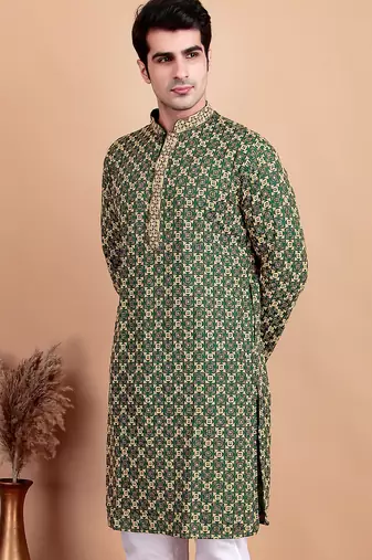 Green chikankari cotton embroidery men kurta
