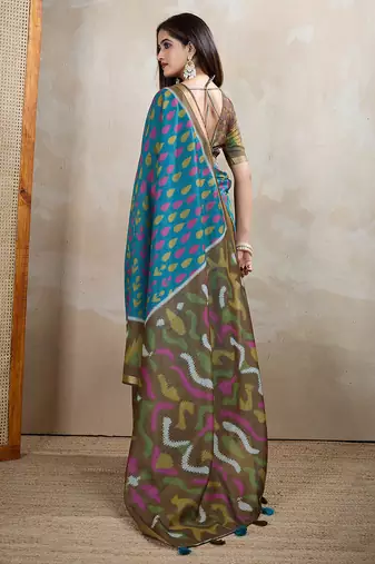Teal printed art silk designer pallu saree