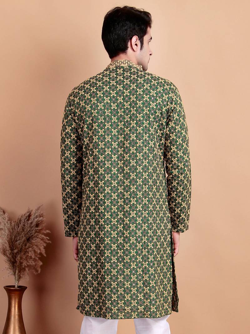 Green chikankari cotton embroidery men kurta
