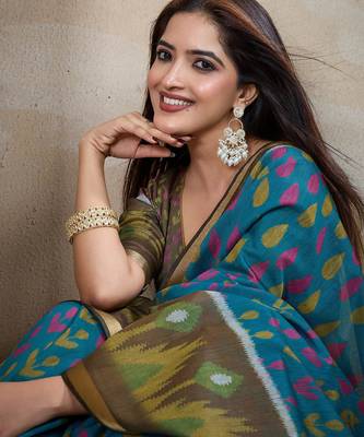 Teal printed art silk designer pallu saree 4