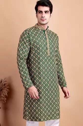 Green chikankari cotton embroidery men kurta
