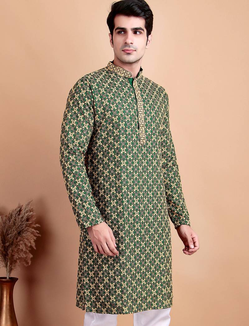 Green chikankari cotton embroidery men kurta