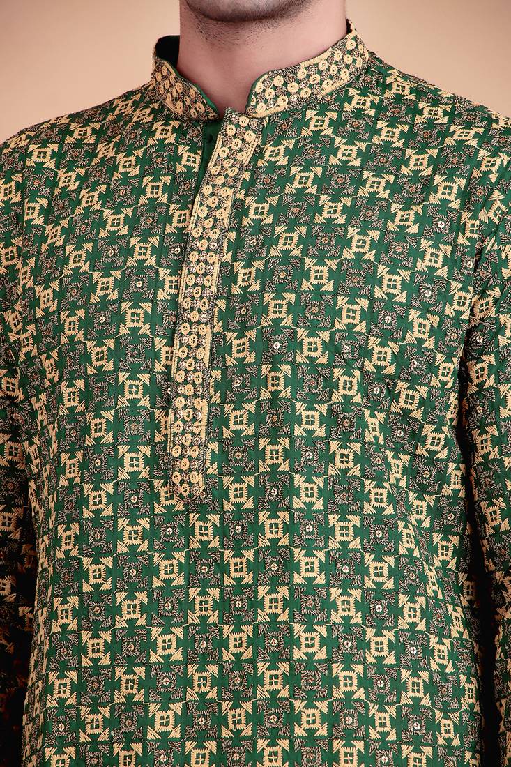 Green chikankari cotton embroidery men kurta