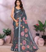 Grey printed art silk designer pallu saree