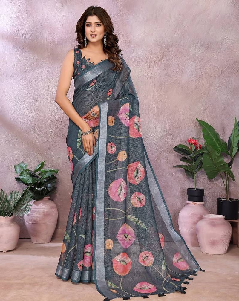 Grey printed art silk designer pallu saree