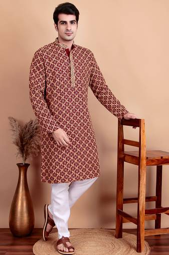 Maroon chikankari cotton embroidery men kurta