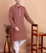Maroon chikankari cotton embroidery men kurta