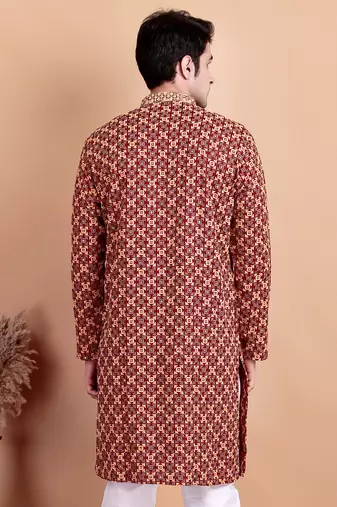Maroon chikankari cotton embroidery men kurta