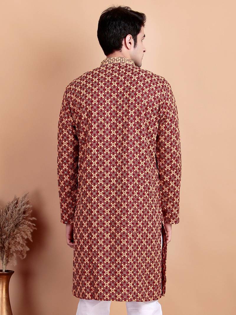 Maroon chikankari cotton embroidery men kurta
