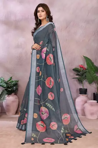 Grey printed art silk designer pallu saree