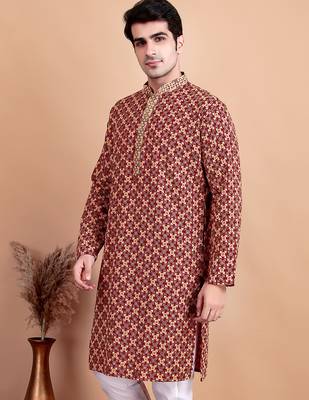 Maroon chikankari cotton embroidery men kurta 3