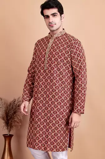 Maroon chikankari cotton embroidery men kurta
