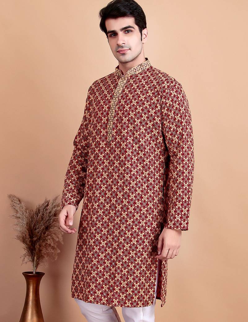 Maroon chikankari cotton embroidery men kurta