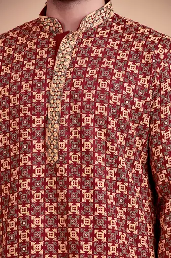 Maroon chikankari cotton embroidery men kurta