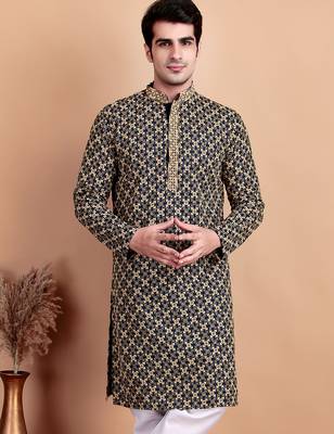 Navy blue chikankari cotton embroidery men kurta 1