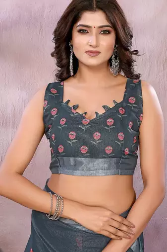 Grey printed art silk designer pallu saree