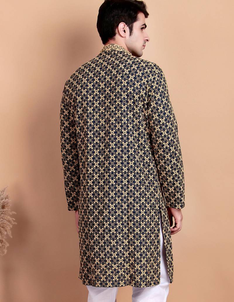 Navy blue chikankari cotton embroidery men kurta