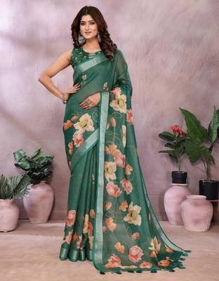 Green printed art silk designer pallu saree 1