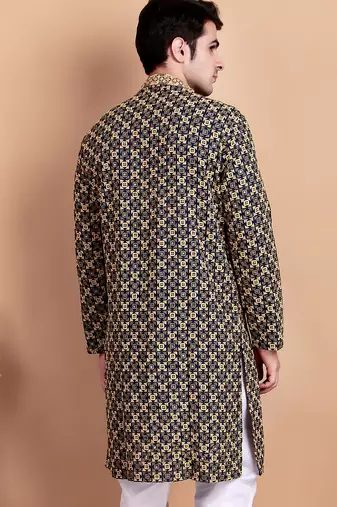 Navy blue chikankari cotton embroidery men kurta