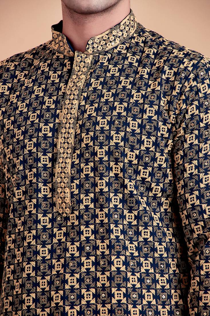 Navy blue chikankari cotton embroidery men kurta