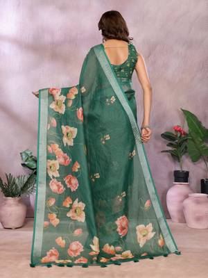 Green printed art silk designer pallu saree 3